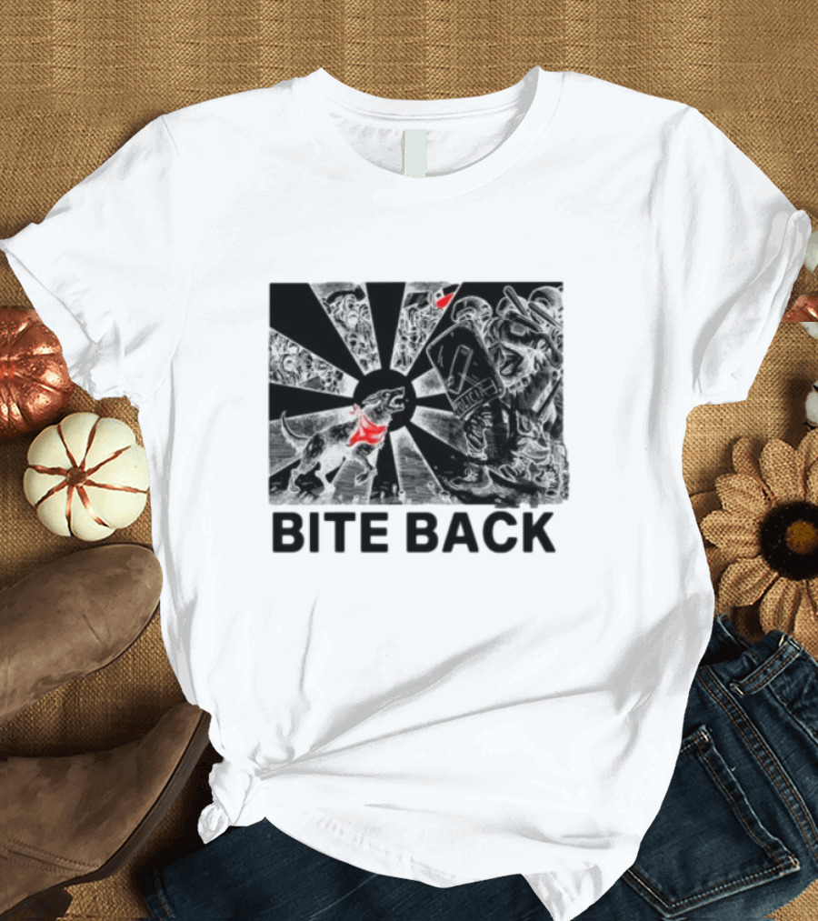 Punkwithacamera Bite Back Protest Artwork with Charging Dog and Riot Police T-Shirt