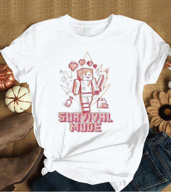 T-Shirt: Survival Mode Game Pixel Art Character with Hearts and Tools T-Shirt Survival Mode Game Pixel Art Character with Hearts and Tools T-Shirt