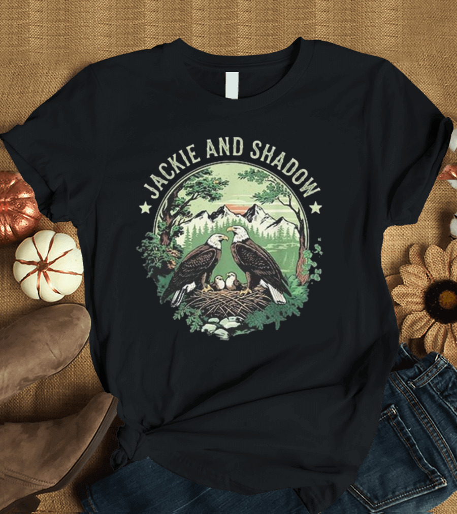 Jackie And Shadow Bald Eagle Family Nesting Scene with Mountain and Forest Background T-Shirt