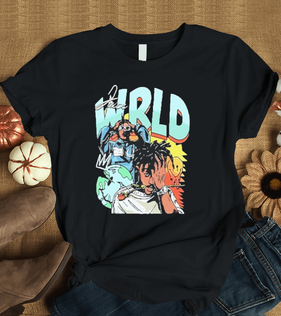 Juice Wrld Colorful Cartoon Style with Earth and Crown Elements T-Shirt