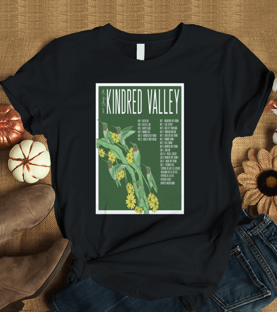 Kindred Valley 2025 Spring Tour Dates with Hummingbirds and Flowers T-Shirt