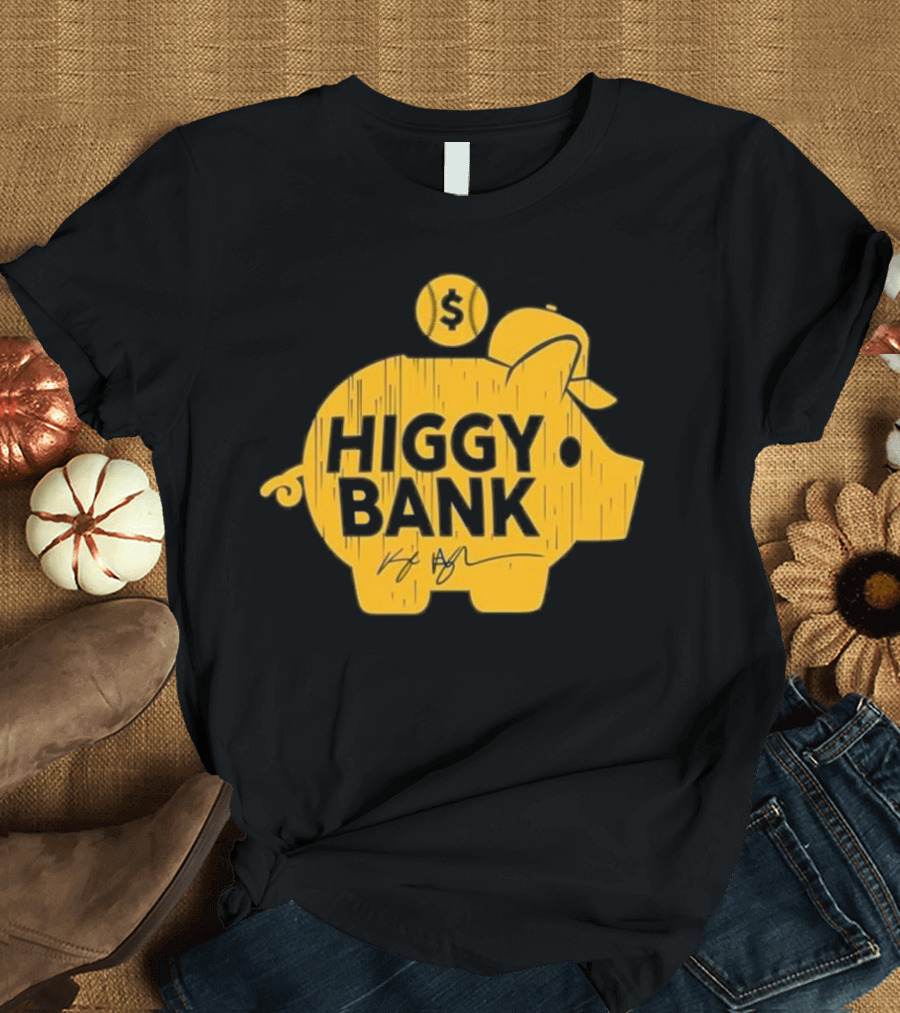 Higgy Bank Piggy Bank Graphic Baseball Theme with Signature and Dollar Sign T-Shirt