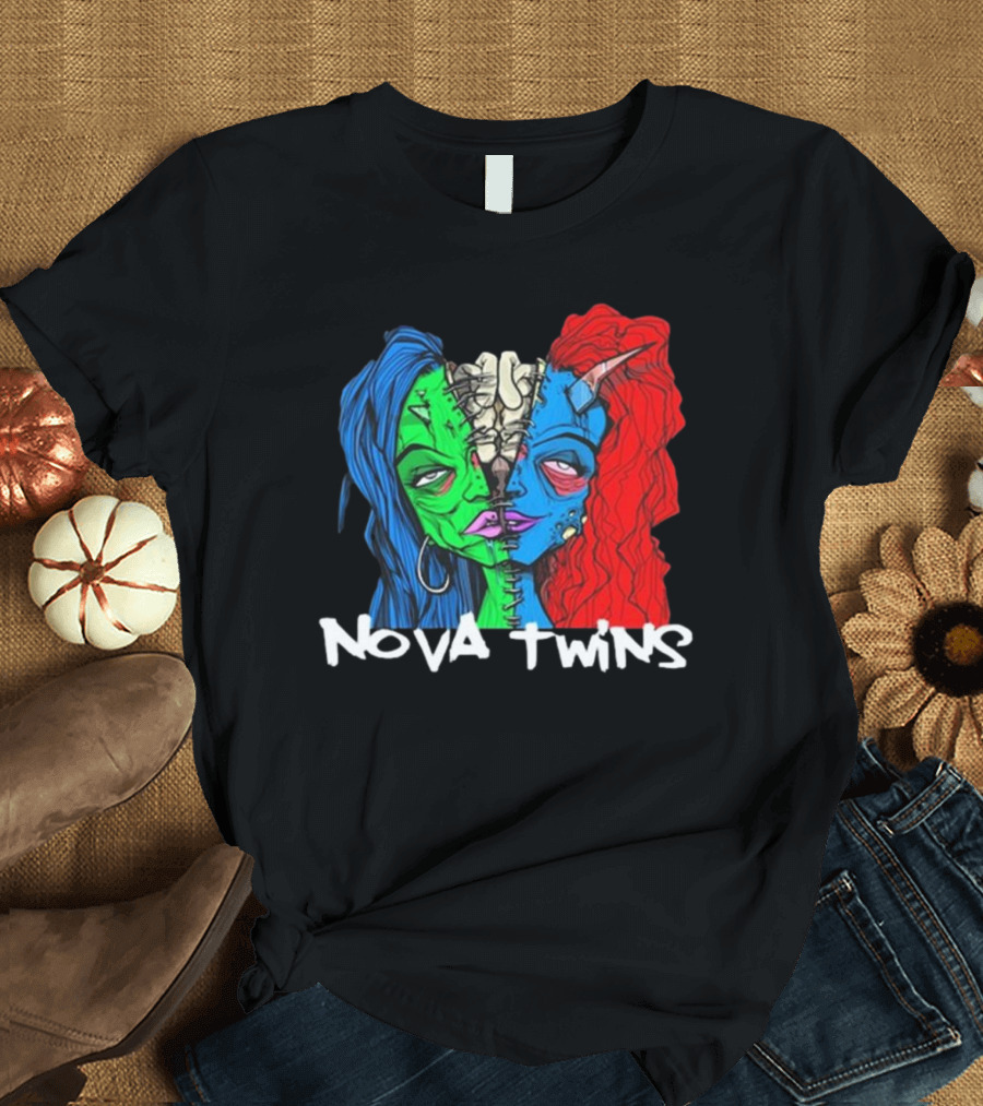 Nova Twins Monster Head Blue Green Red Hair Two-Faced Artwork T-Shirt