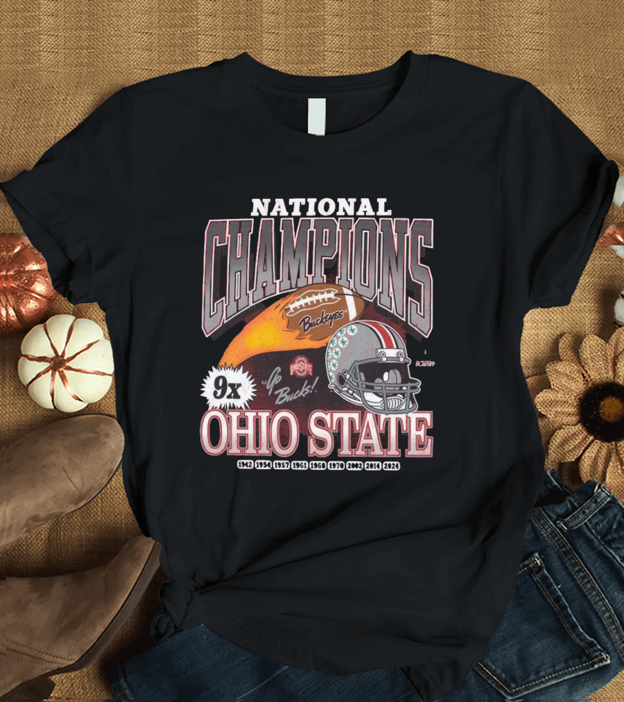 Ohio State Buckeyes 9X National Champions 1942-2024 Go Bucks Football Helmet T-Shirt