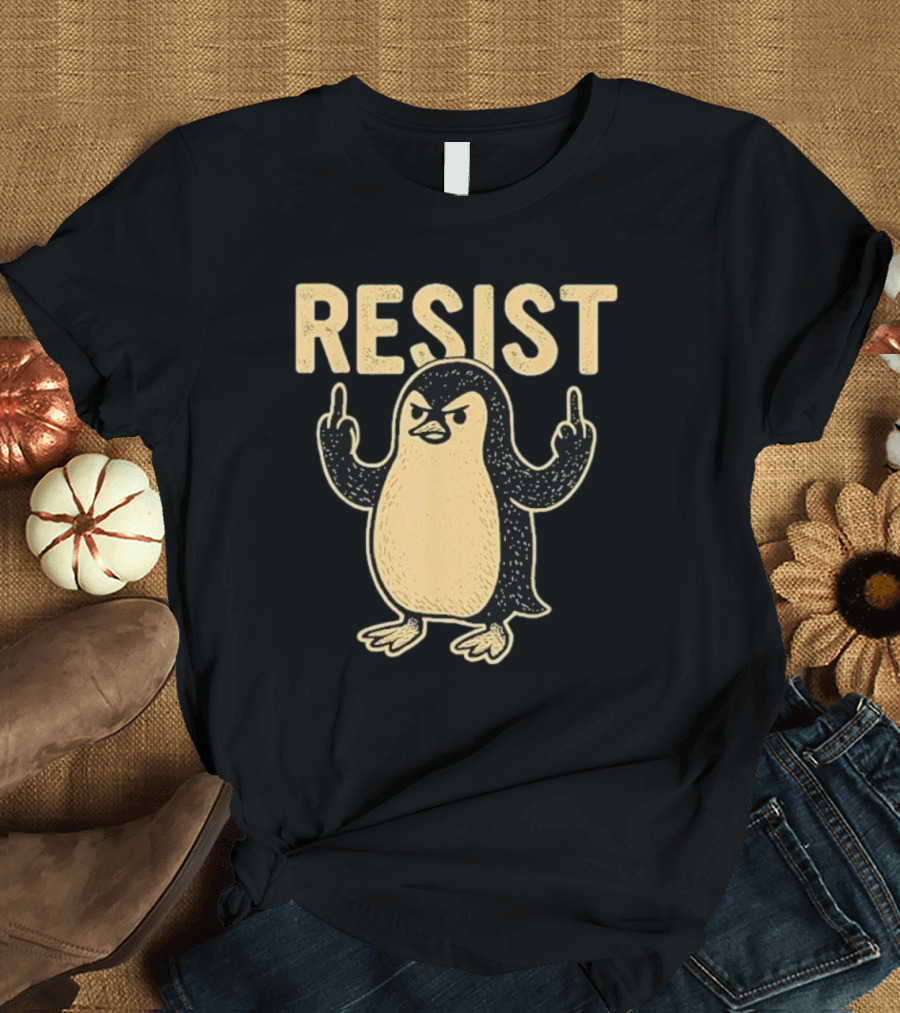 Resist Penguin Middle Finger Protest Symbol T-Shirt