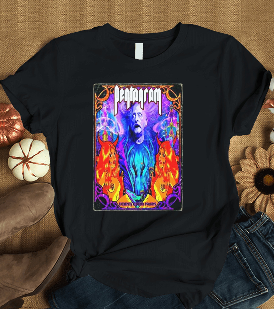Pentagram Band US Tour 2025 Extremity Retained Booking Vibrant Artwork Featuring Mystical Figures T-Shirt