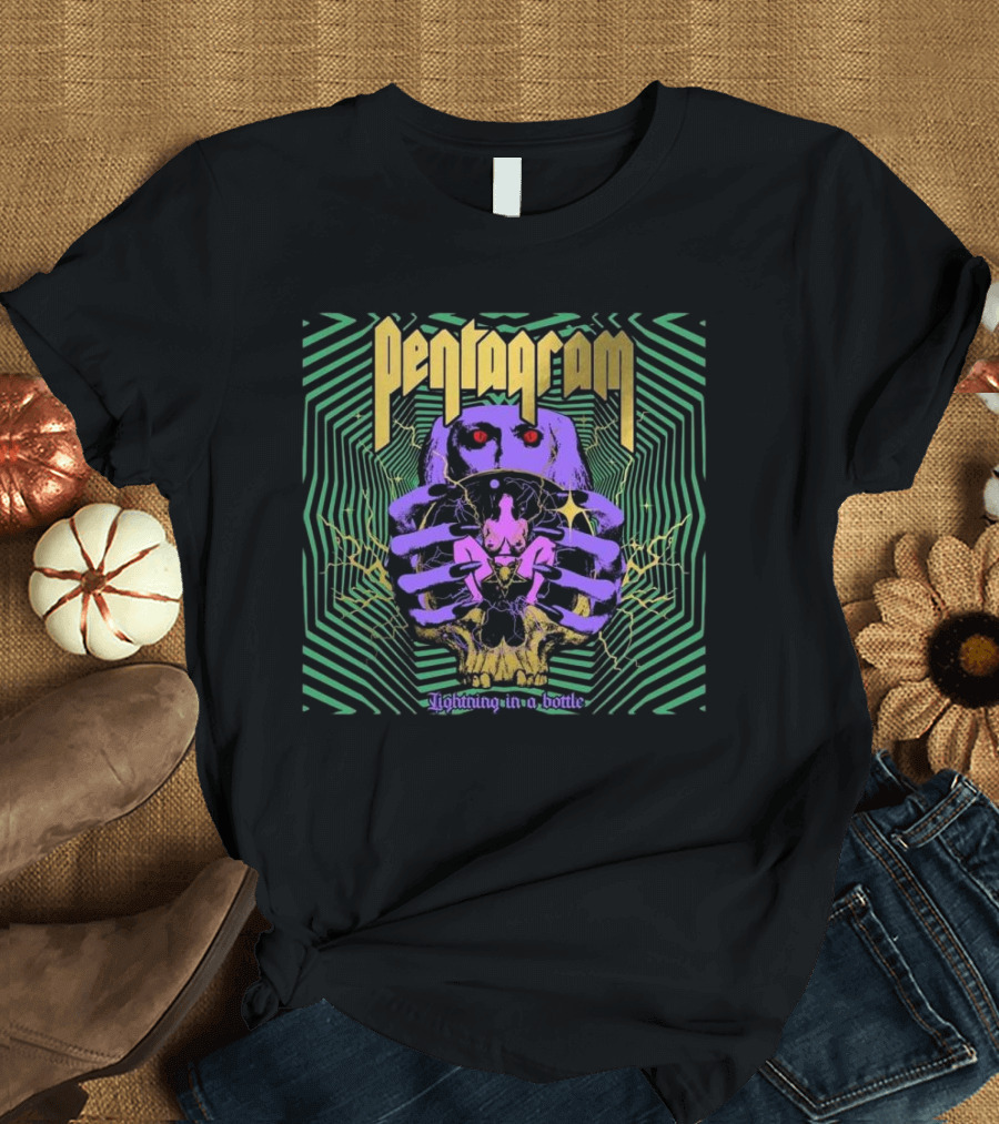 Pentagram Lightning In A Bottle Psychedelic Skull Art 14th February 2025 T-Shirt