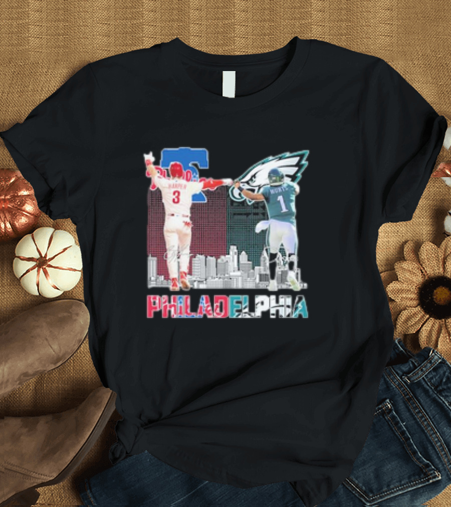 Philadelphia 2025 Bryce Harper Jalen Hurts Eagles Phillies Cityscape T-Shirt