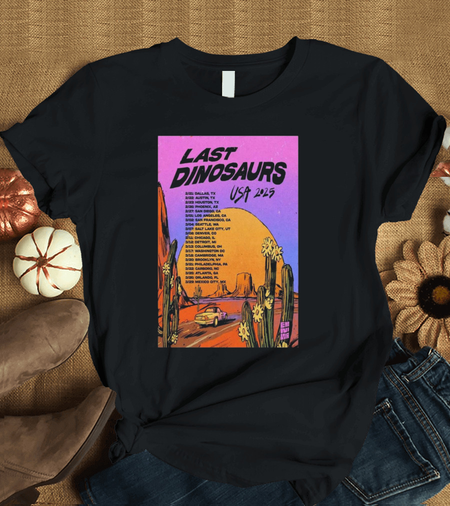 Last Dinosaurs USA 2025 Tour Dates with Desert Scene and Vintage Car T-Shirt