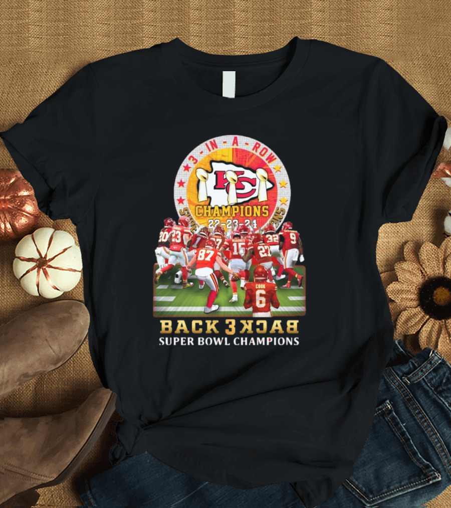 3 In A Row Kansas City Chiefs 22-23-24 Super Bowl Champions Back 2 Back T-Shirt