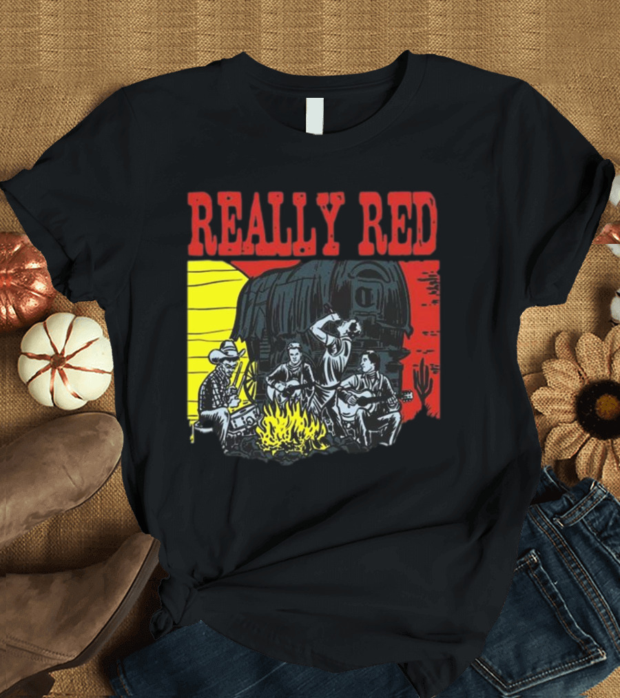 Really Red Cow Punks Campfire Scene with Musical Cowboys and Wagon T-Shirt
