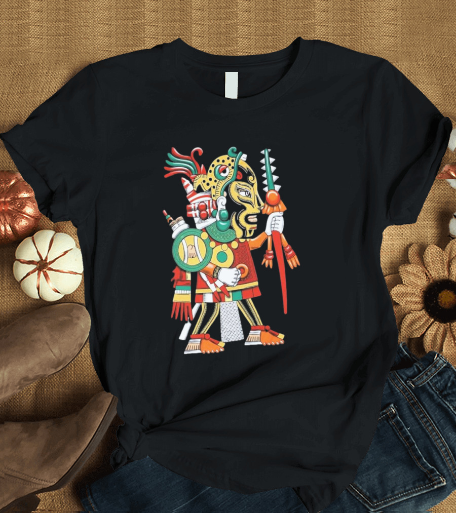 Aztec Warrior with Ritual Skull Staff and Feathered Headdress T-Shirt