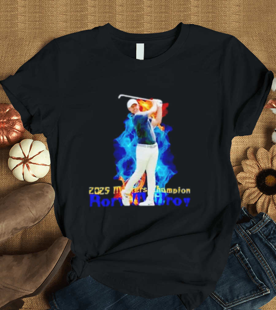 Rory McIlroy 2025 Masters Champion Golf Swing with Fire and Blue Flame Background T-Shirt
