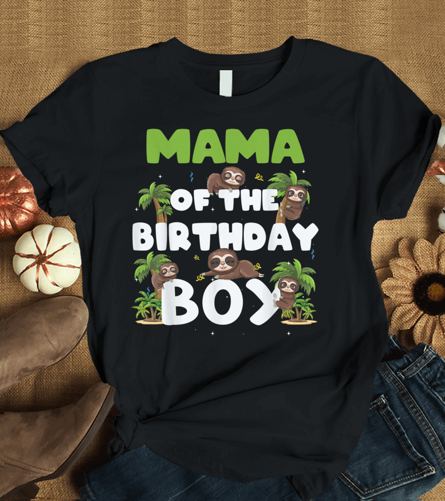 Mama Of The Birthday Boy Sloth Boy Party Family Tropical Palm Trees T-Shirt