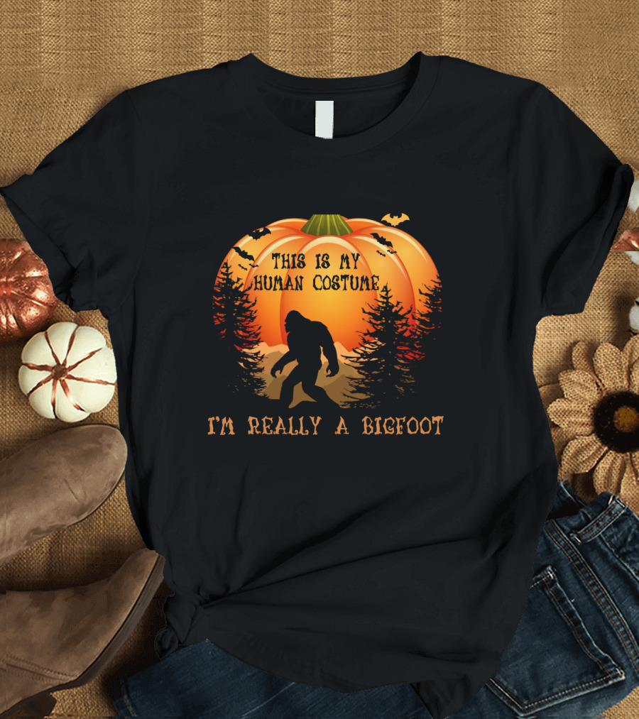 This Is My Human Costume I'm Really A Bigfoot Halloween Pumpkin Silhouette with Bats and Trees T-Shirt