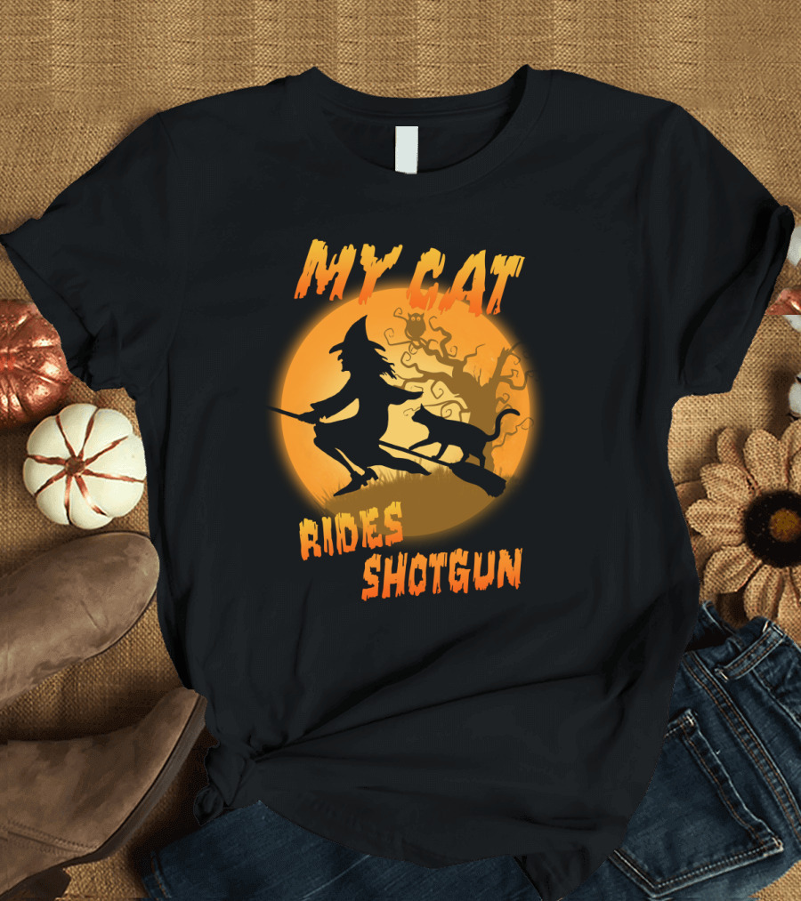Witch And Cat Flying At Night With My Cat Rides Shotgun Silhouette Moon Scene T-Shirt