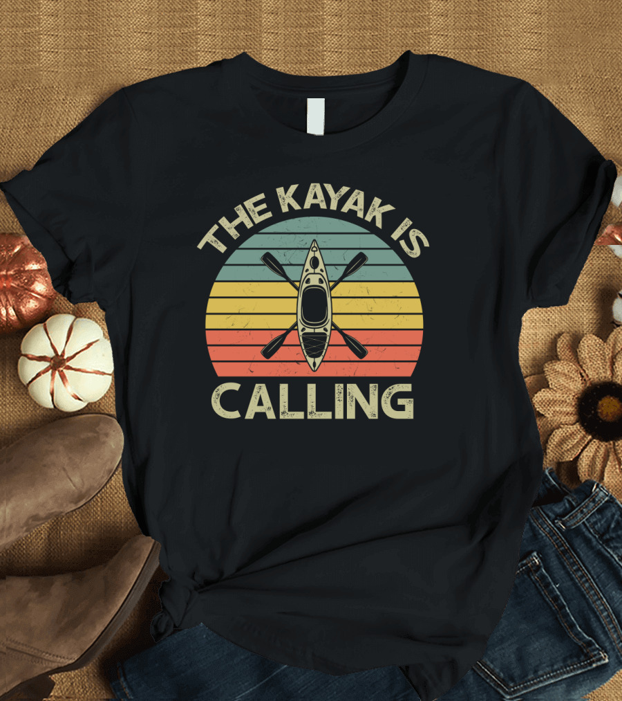 The Kayak Is Calling Retro Sunset Adventure T-Shirt