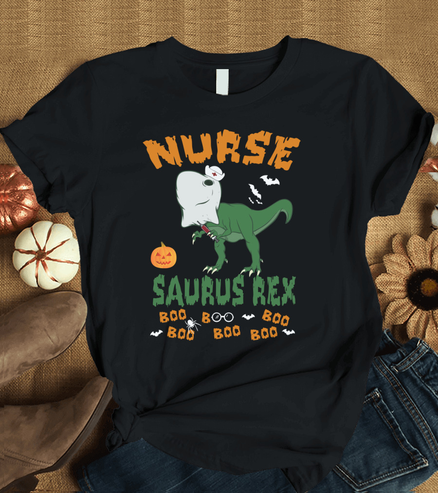 Nurse Saurus Rex Boo Boo Halloween Pumpkin Bat T-Shirt