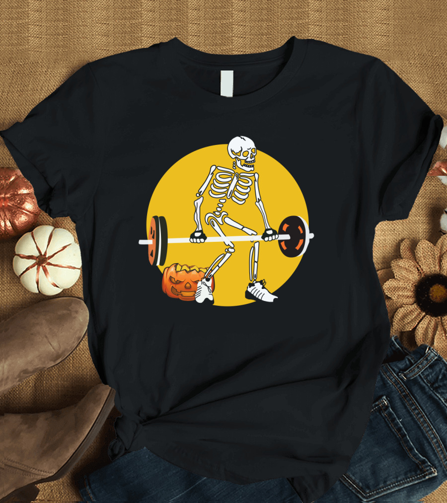 Skeleton Lifting Barbell with Pumpkin Halloween T-Shirt