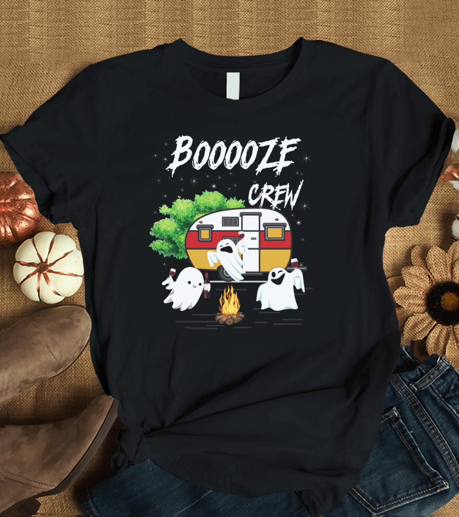 Booooze Crew Ghost Camping with Campfire Caravan and Wine Glasses T-Shirt