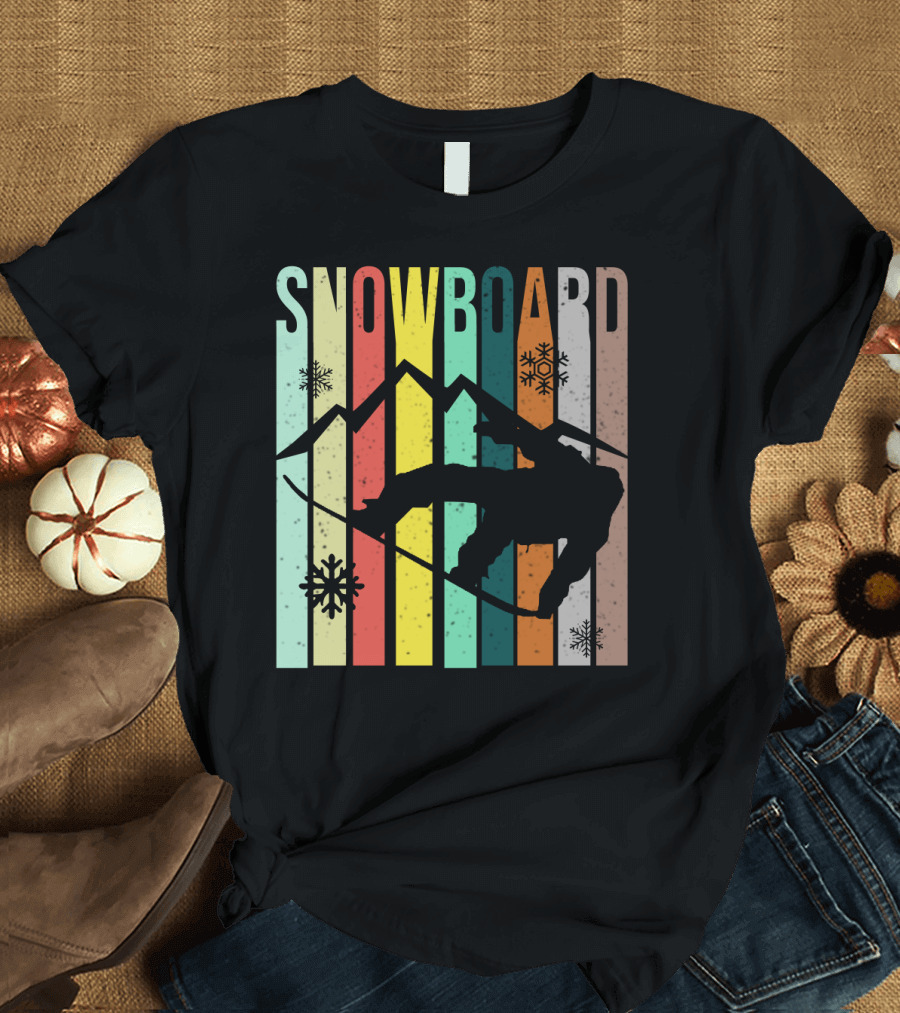 Snowboard Snowboarding Retro Mountain Silhouette Snowflakes T-Shirt