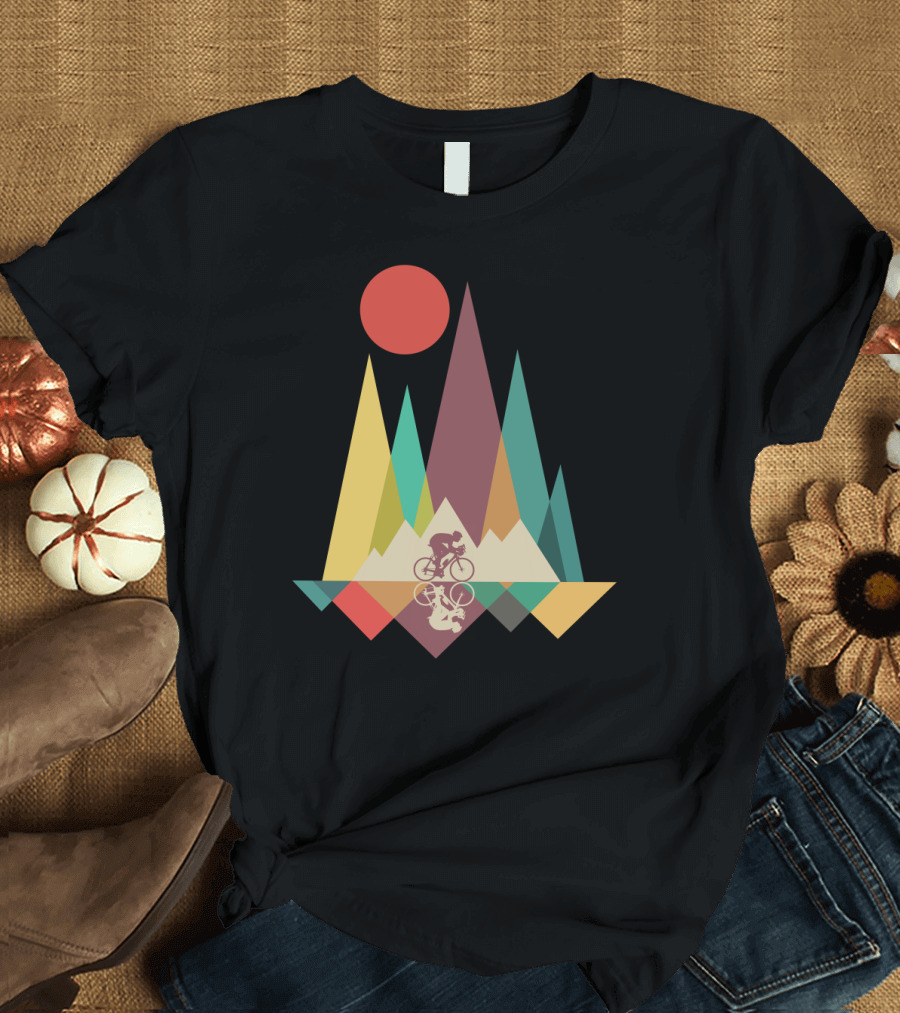 Mountain Biking Geometric Peaks and Sunburst T-Shirt