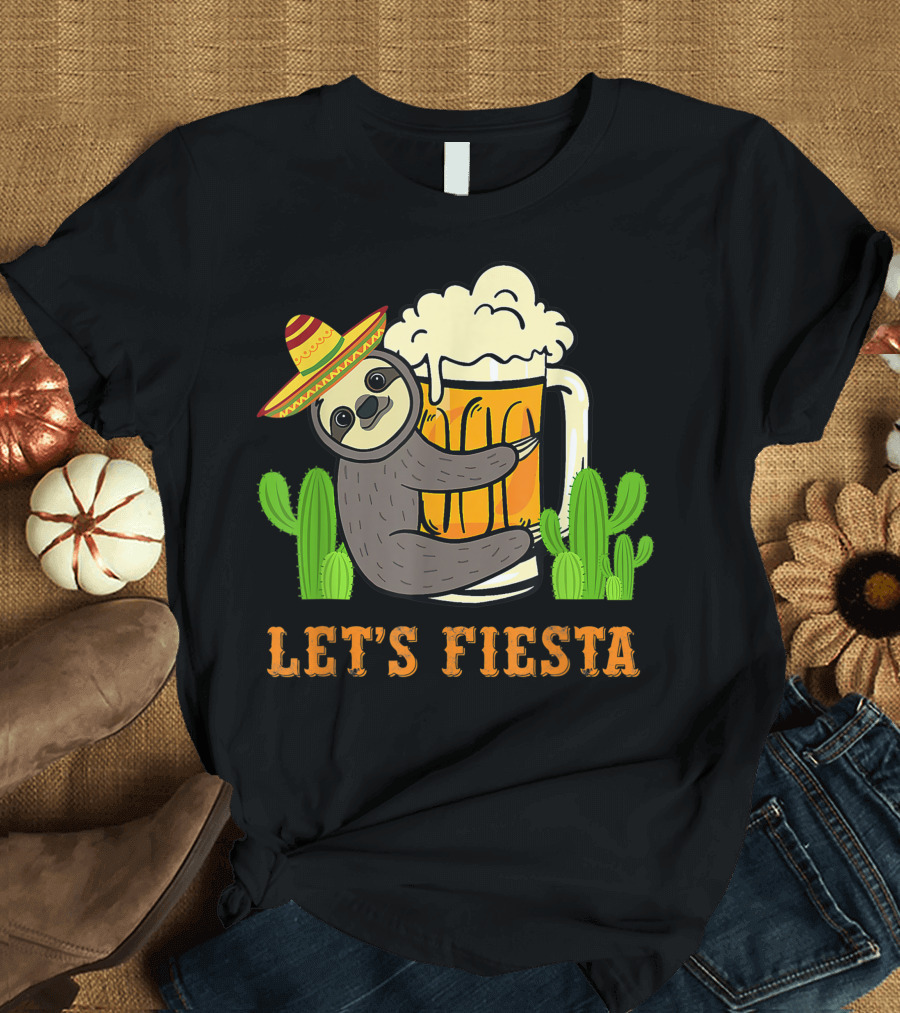 Let's Fiesta Sloth with Beer and Mexican Cactus Celebrating Cinco De Mayo T-Shirt