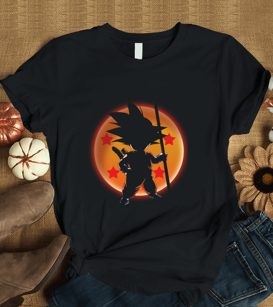 Little Saiyan Dragon Ball Z Kid Goku Silhouette with Power Pole and Four-Star Ball T-Shirt