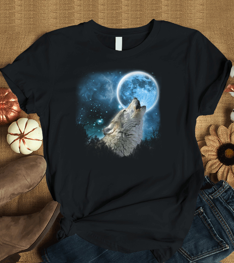 Silver Wolf Howling at Blue Moon Skylight Animal Forest Wolves T-Shirt