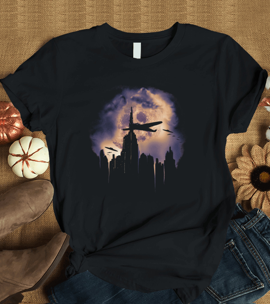 Invasion of the Foo Fighters Cityscape Silhouette with Airplanes and Skull Moon T-Shirt
