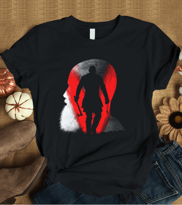 T-Shirt: Viking Warrior Silhouette in Profile with Hammer and Beard Against Red T-Shirt Viking Warrior Silhouette in Profile with Hammer and Beard Against Red T-Shirt