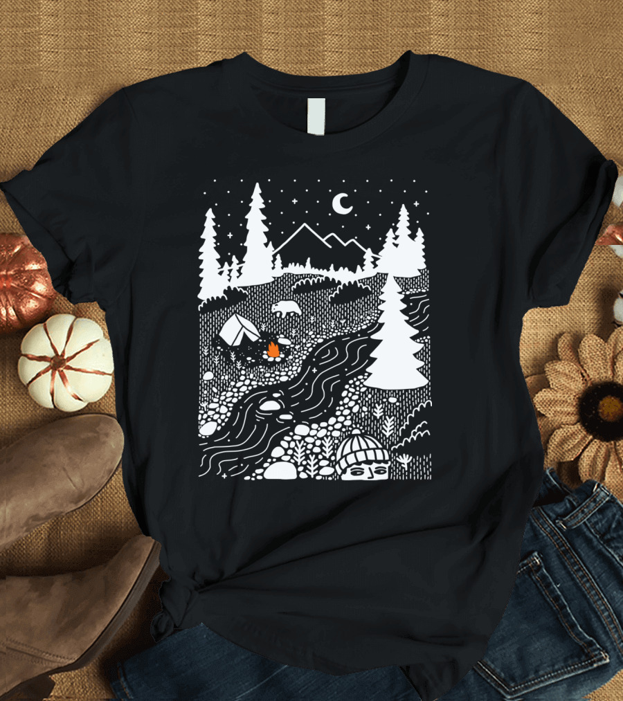 Unwelcome Guest Camping Outdoor Scene with River and Forest under Night Sky T-Shirt