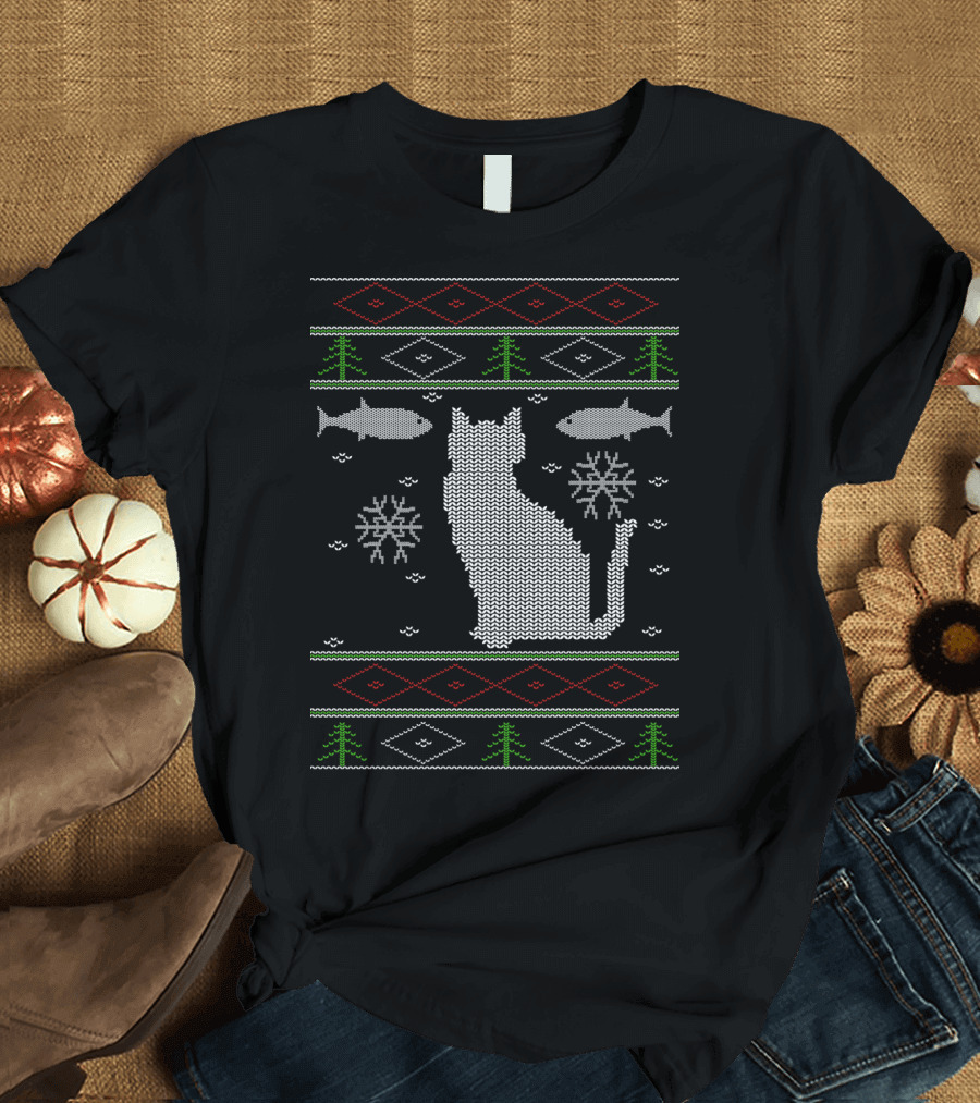 Knitted Cat Snowflakes Fish and Christmas Trees Ugly T-Shirt