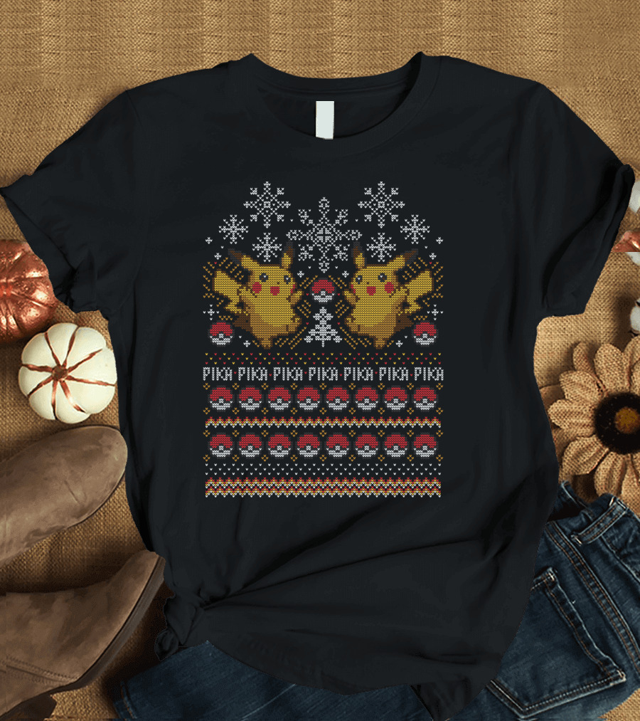 Pika Pika Snowflake Pattern Catch Them All T-Shirt