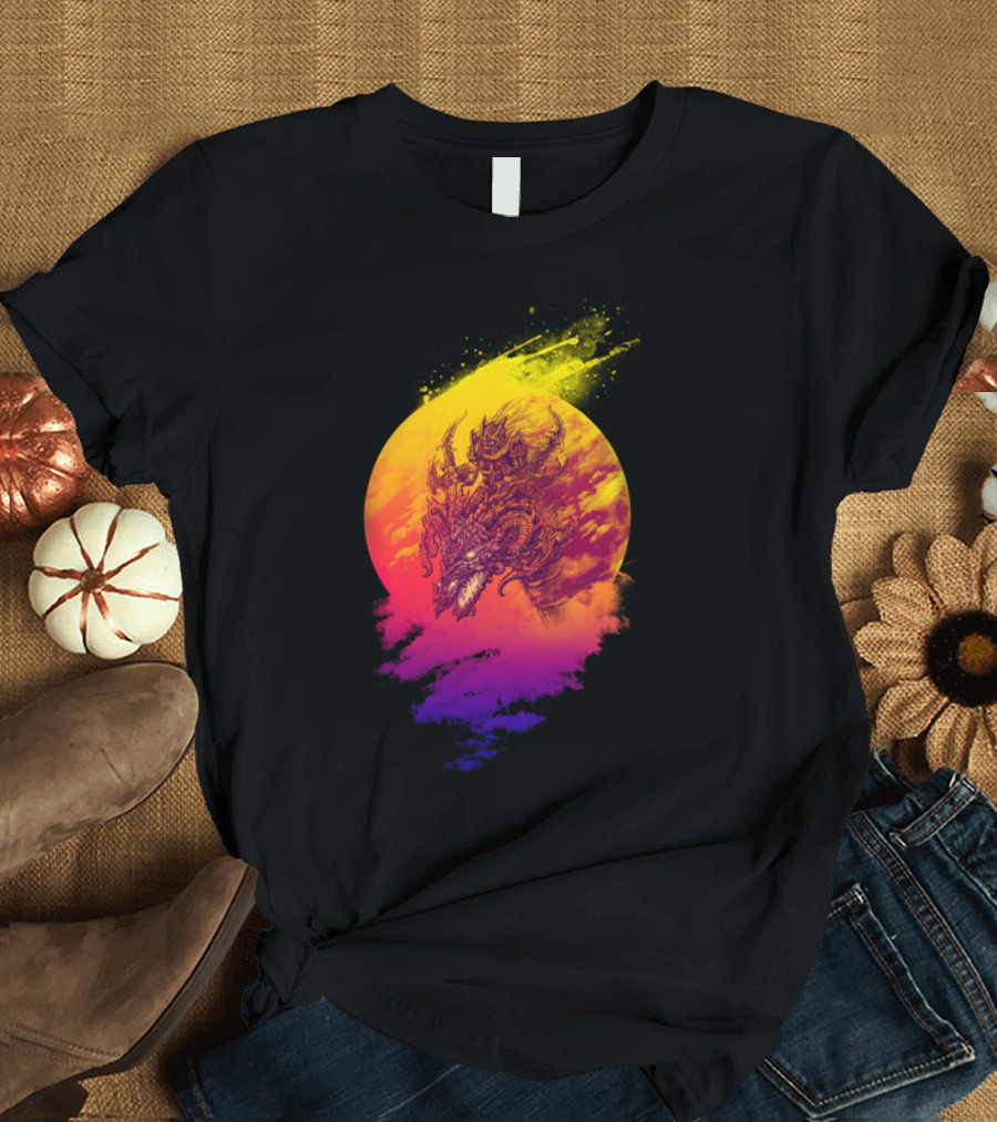 Across the Sun Dragon Silhouette in Vibrant Colors T-Shirt