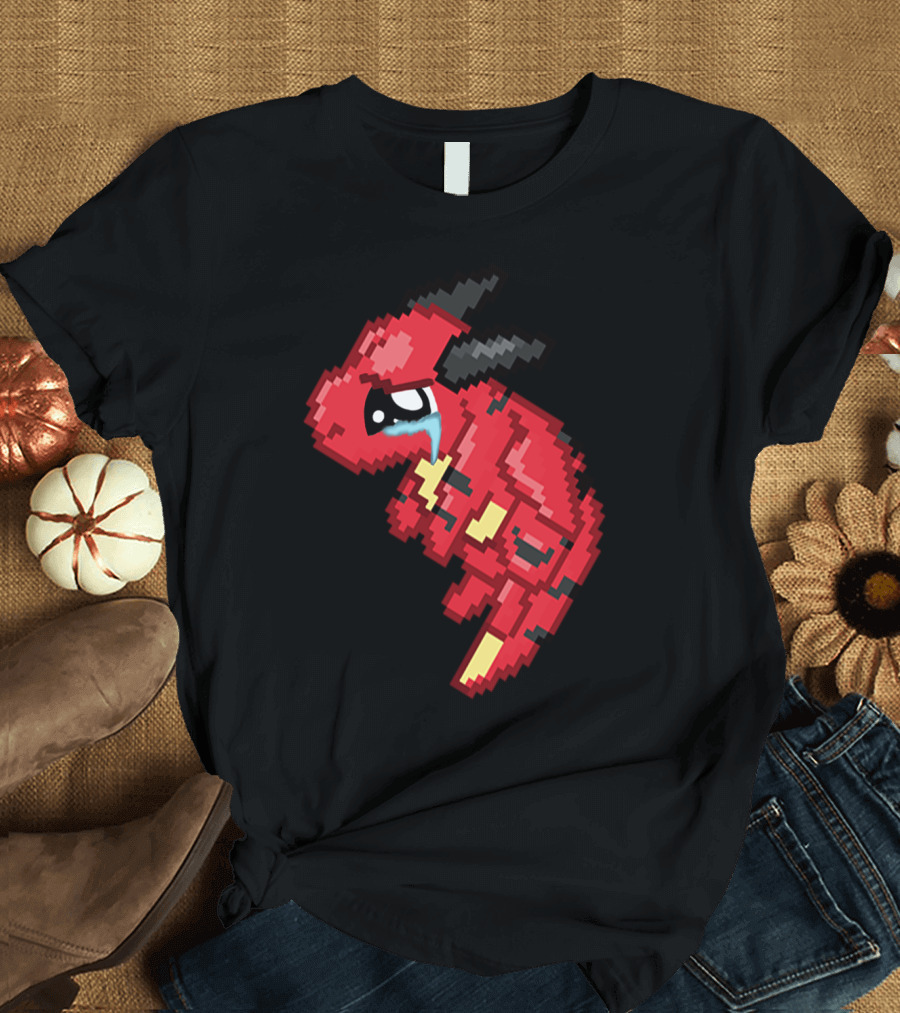 Crying Dragon Pixel Art Red Creature with Black Horns and Tears T-Shirt
