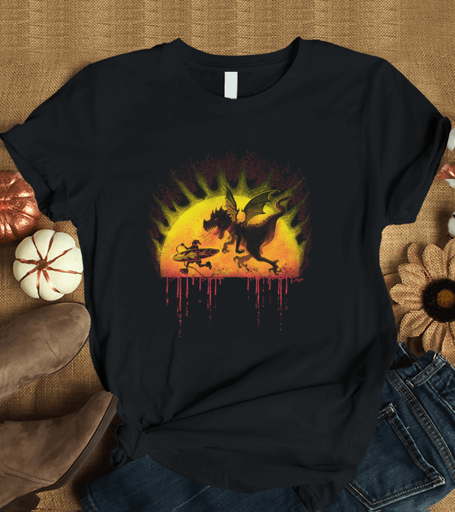 Man Escaping from Dino Dragon Under Sun Burst with Surfboard T-Shirt