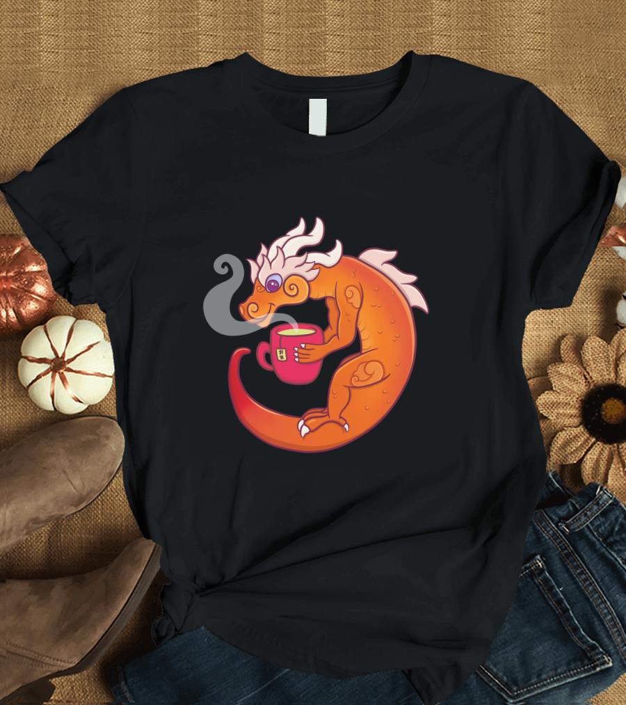 Dragon Sipping Coffee with Orange Scales T-Shirt