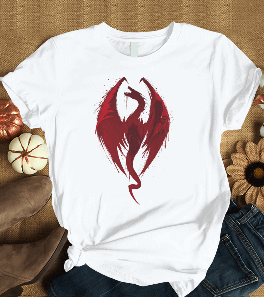Dragon Bane Red Silhouette with Blood Wings and Sword T-Shirt