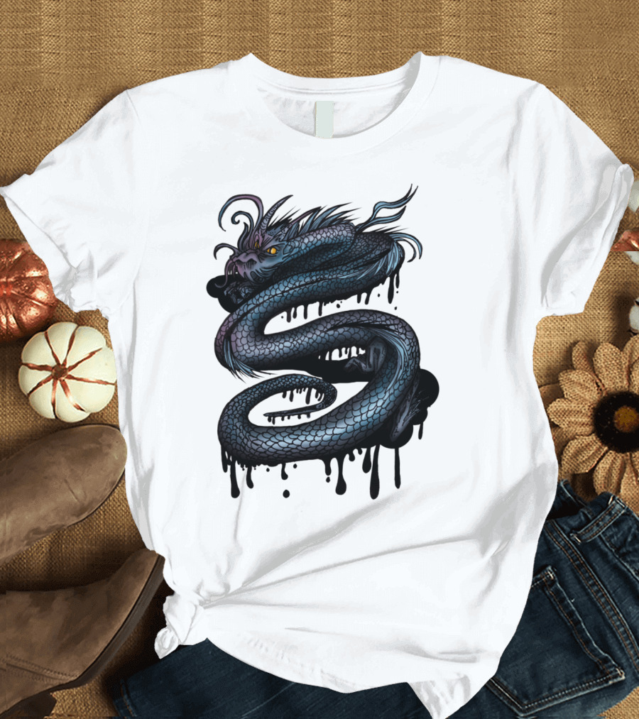 Dragon Swirl Serpent Mythical Creature with Dripping Ink Effect T-Shirt