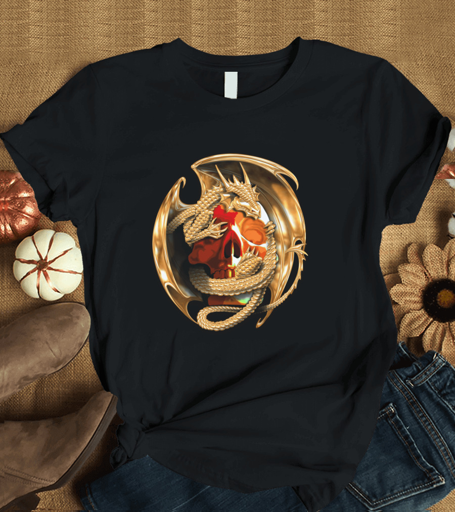 Golden Dragon Wrapped Around Fiery Skull Iconic T-Shirt