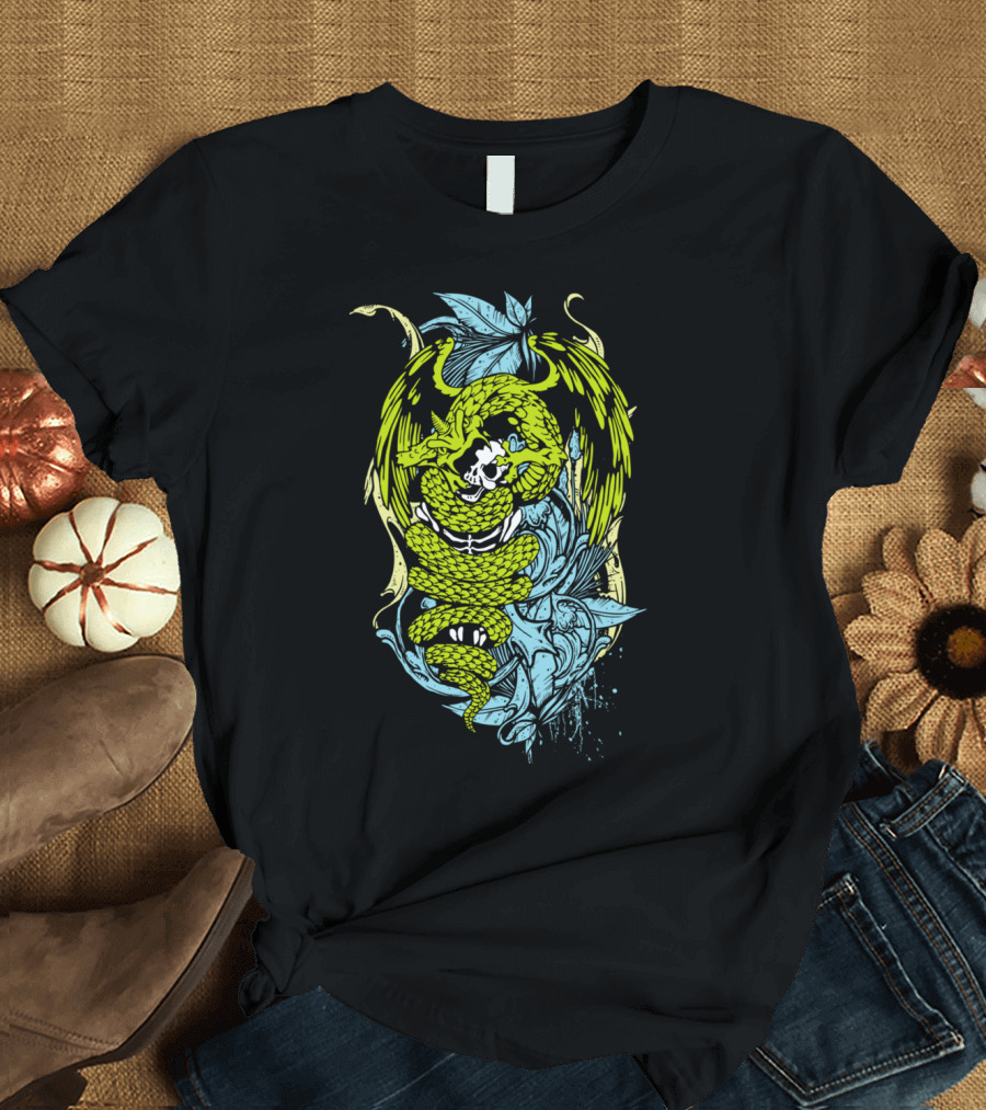 Green Snake Dragon Skull with Wings and Leaves T-Shirt