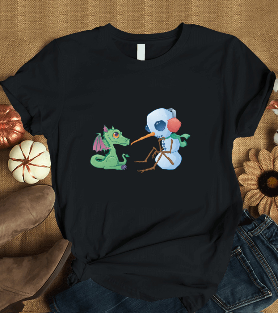 Snowman and Dragon Cozy Winter Encounter T-Shirt