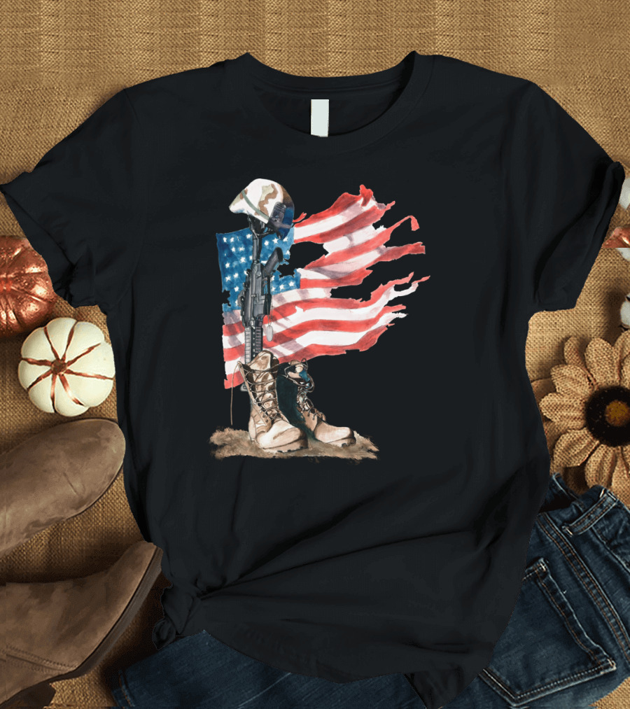 Memorial Hero Fallen Soldier Boots Gun Helmet American Flag T-Shirt