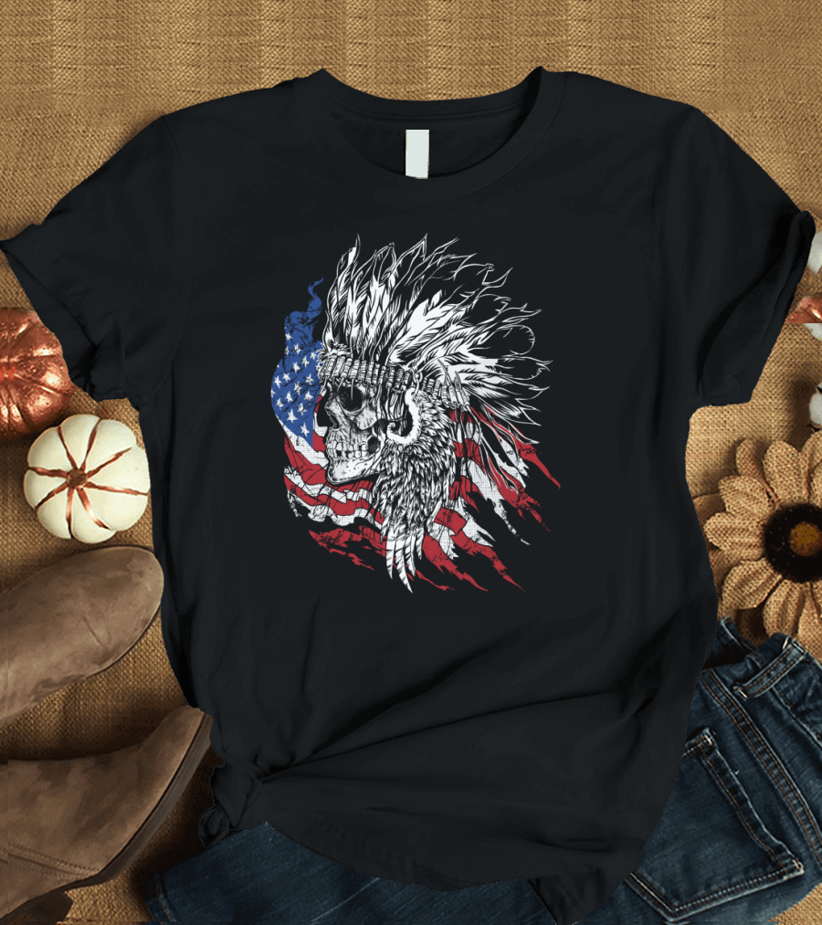 Indian Hunter American Flag Skull with Native Headdress T-Shirt