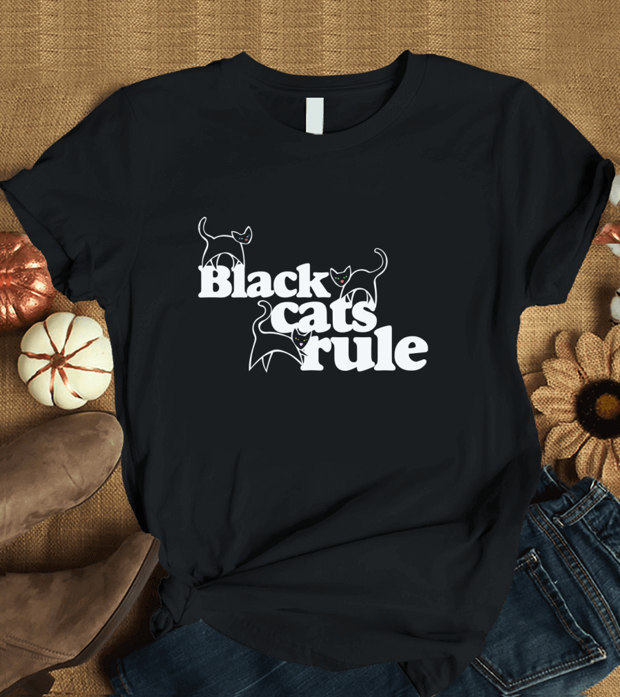 Black Cats Rule Playful White Text with Cartoon Cats T-Shirt