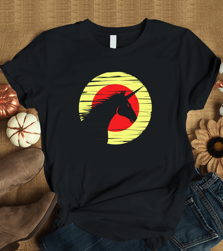 The Unicorn Horse Unicon Silhouette Against Yellow and Red Circle T-Shirt