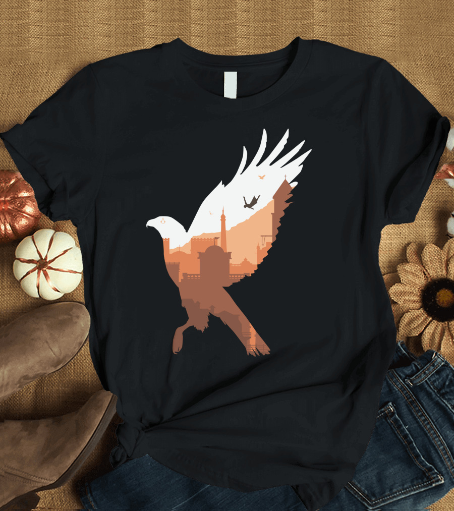 Synchronize Cityscape in Flight with Eagle Silhouette and Birds T-Shirt