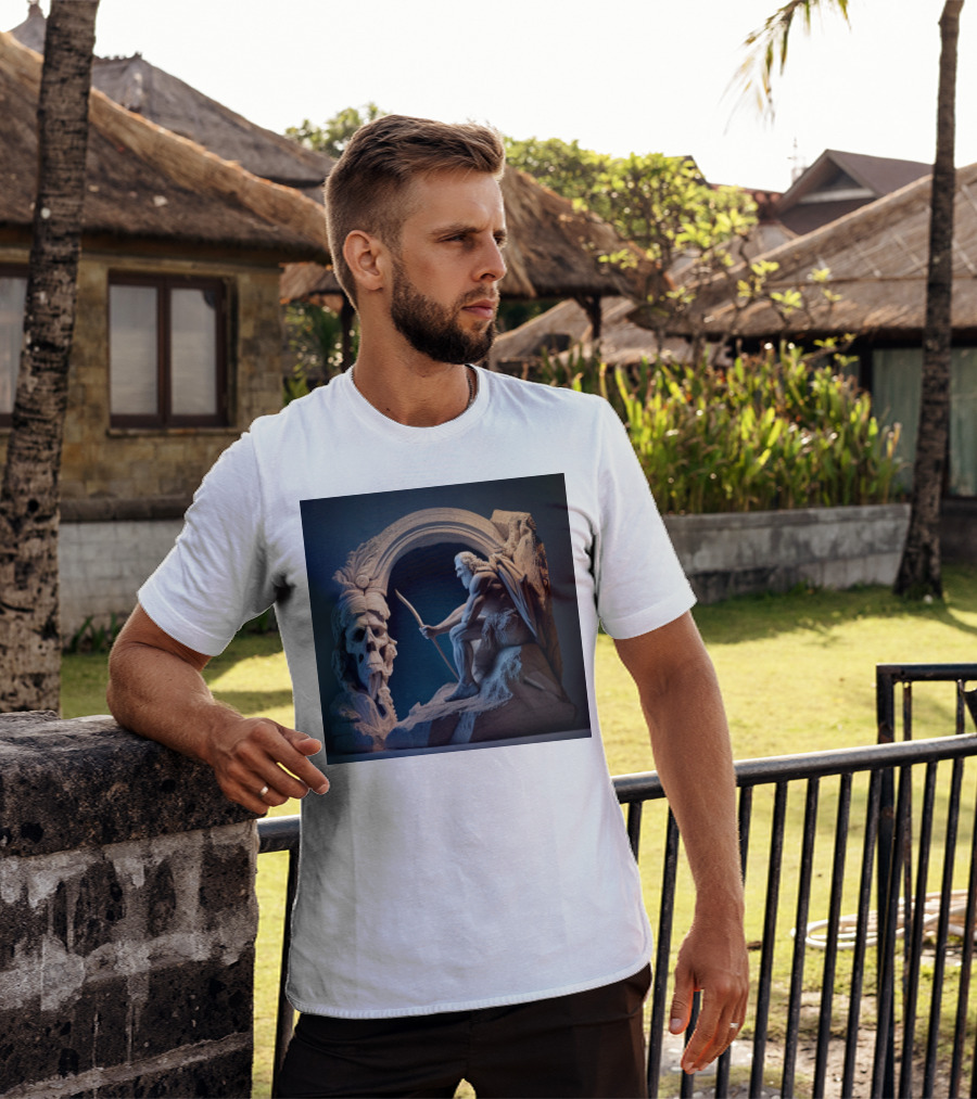 A Strong Old Man Warrior Statuesque Power In Mythical Stone Arch T-Shirt