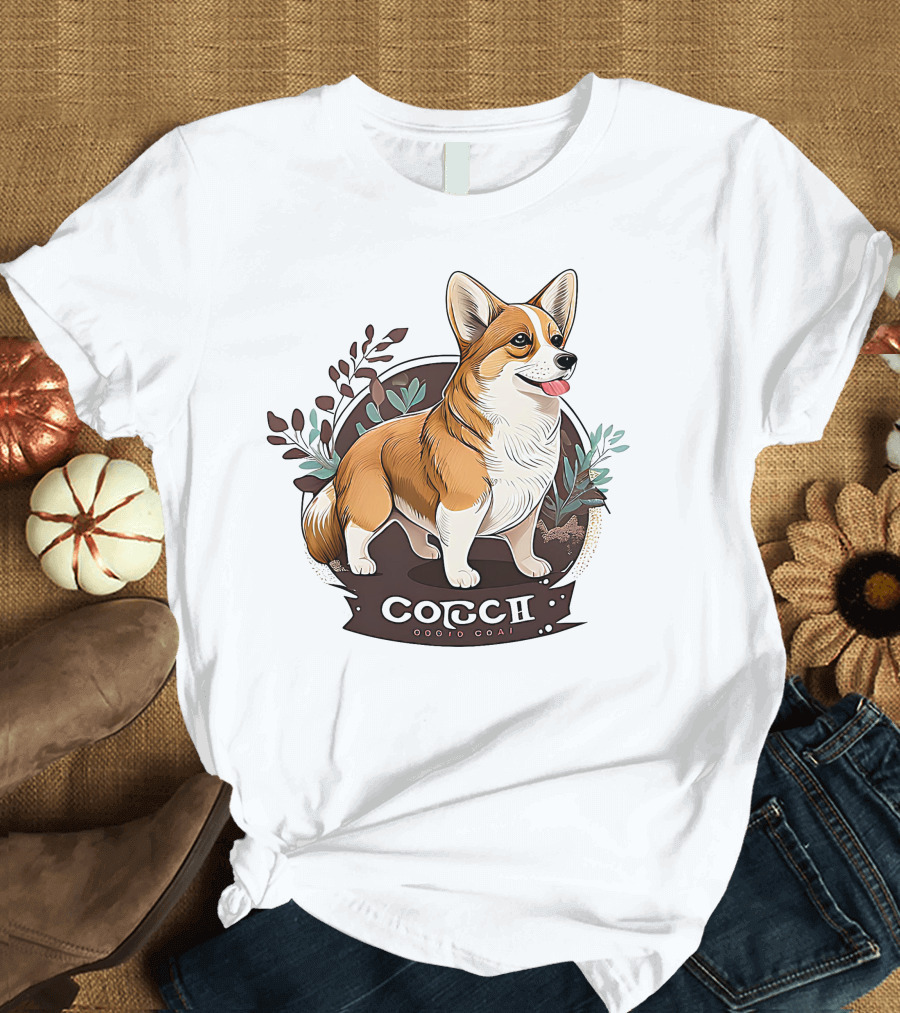 Corgi Cute Baby Dog Illustration with Floral Background T-Shirt